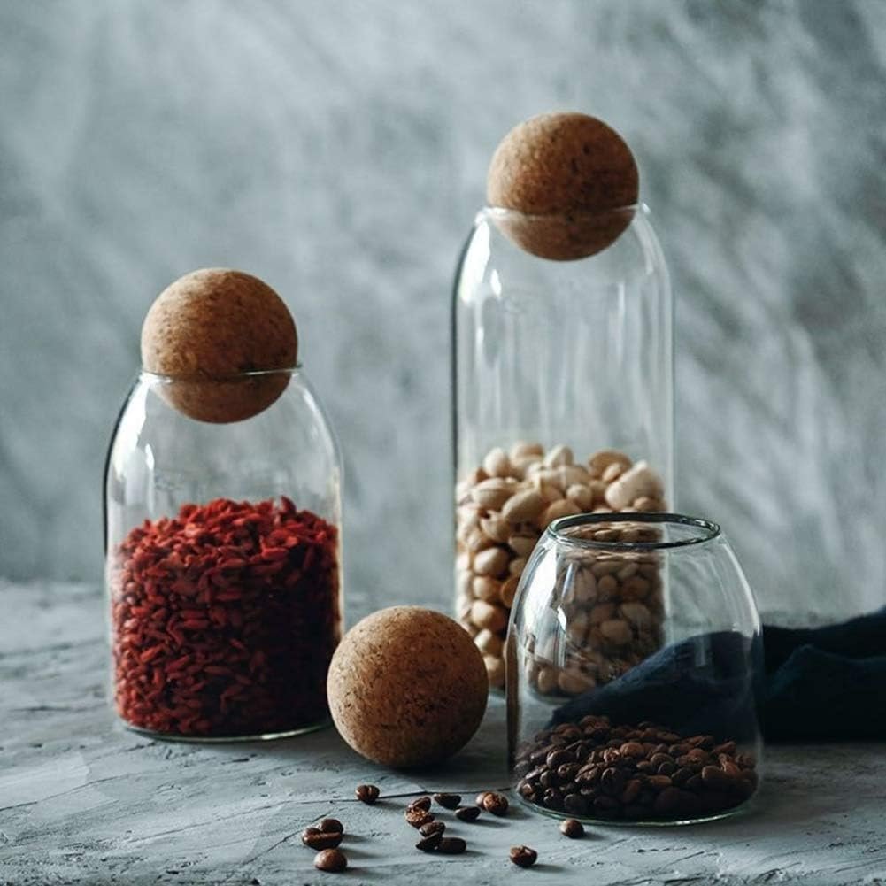 500ML/16Oz Clear Glass Storage Cute Canister Holder Ball Wood Cork Top, Modern Decorative Cylinder Container Jar with Round Lid for Coffee, Spice, Candy, Salt, Cookie Cool Terrarium Bottle