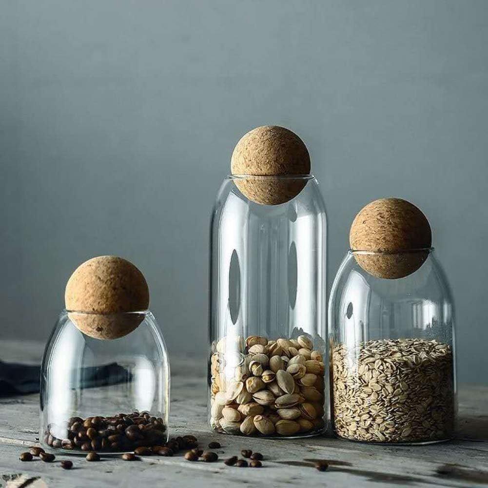 500ML/16Oz Clear Glass Storage Cute Canister Holder Ball Wood Cork Top, Modern Decorative Cylinder Container Jar with Round Lid for Coffee, Spice, Candy, Salt, Cookie Cool Terrarium Bottle