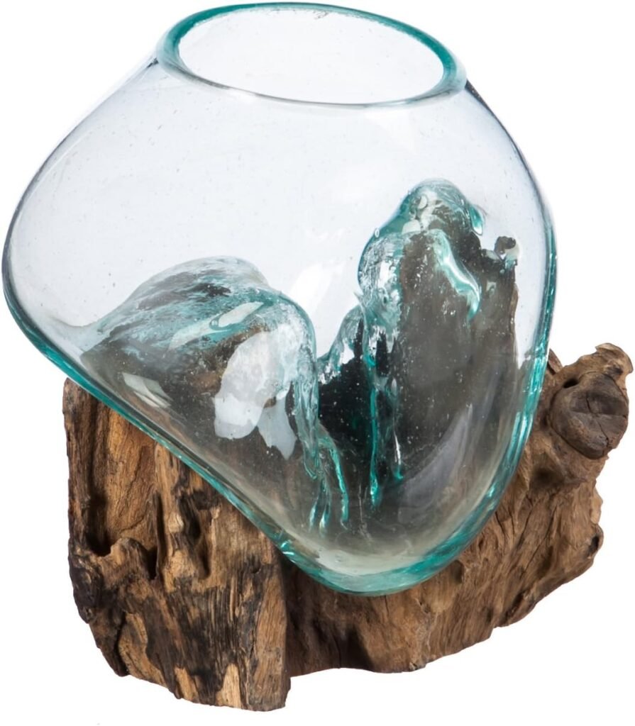 Cape Craftsmen Hand-Blown Blue Tinted Bubble Glass On Natural Teak Driftwood Terrarium | Home Décor Indoor Planter with Stand | Pot for Succulent and Plants | Small 7-Inches Tall