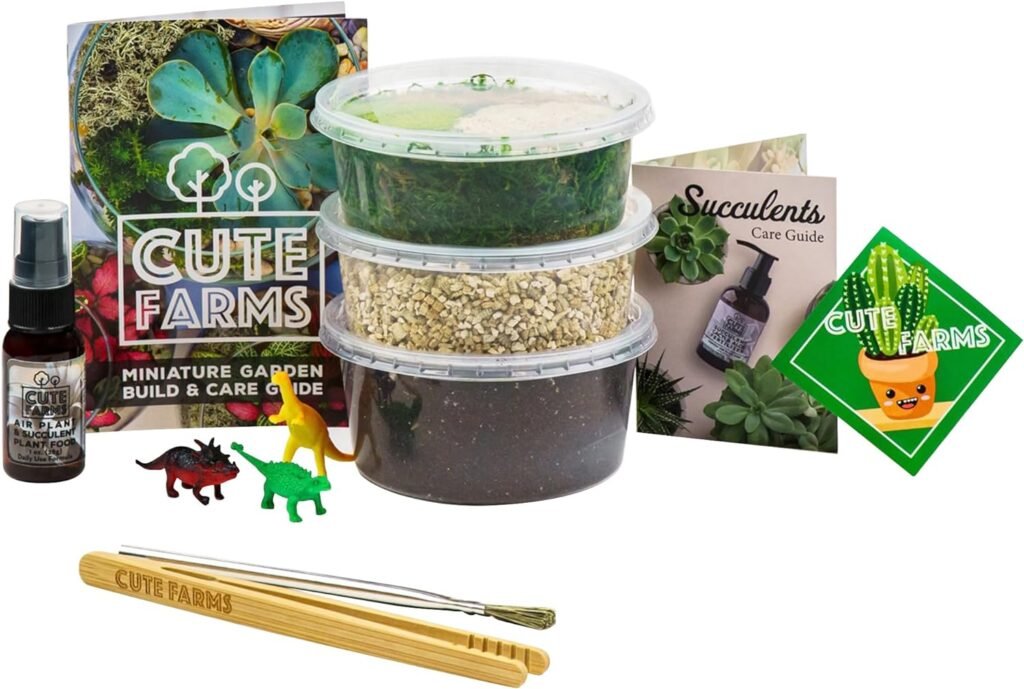 Cute Farms Terrarium Starter Kit | Moss, Vermiculite, Soil, Pebbles, Plant Food, Finishing Tools, Build and Care Guide | DIY Succulent Terrarium Kit for Adults and Kids (Small Kit)