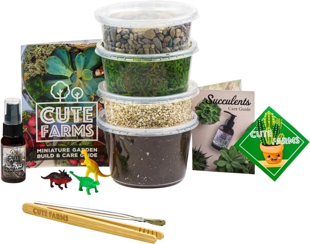 Cute Farms Terrarium Starter Kit | Moss, Vermiculite, Soil, Pebbles, Plant Food, Finishing Tools, Build and Care Guide | DIY Succulent Terrarium Kit for Adults and Kids (Small Kit)